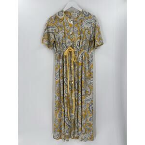 Dela Ann Vintage Dress Womens Medium Yellow White Paisley 60s 70s Maxi Buttons